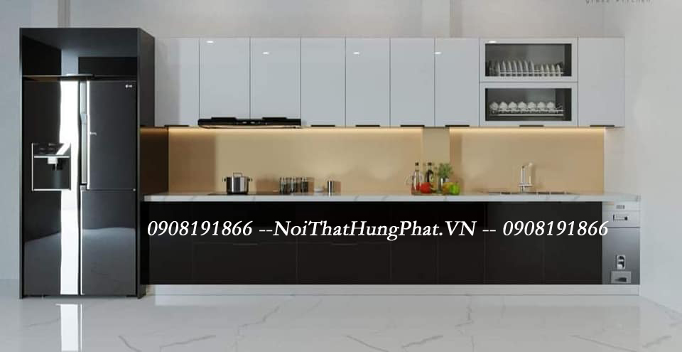 Mẫu tủ bếp inox cánh kính hình chữ I