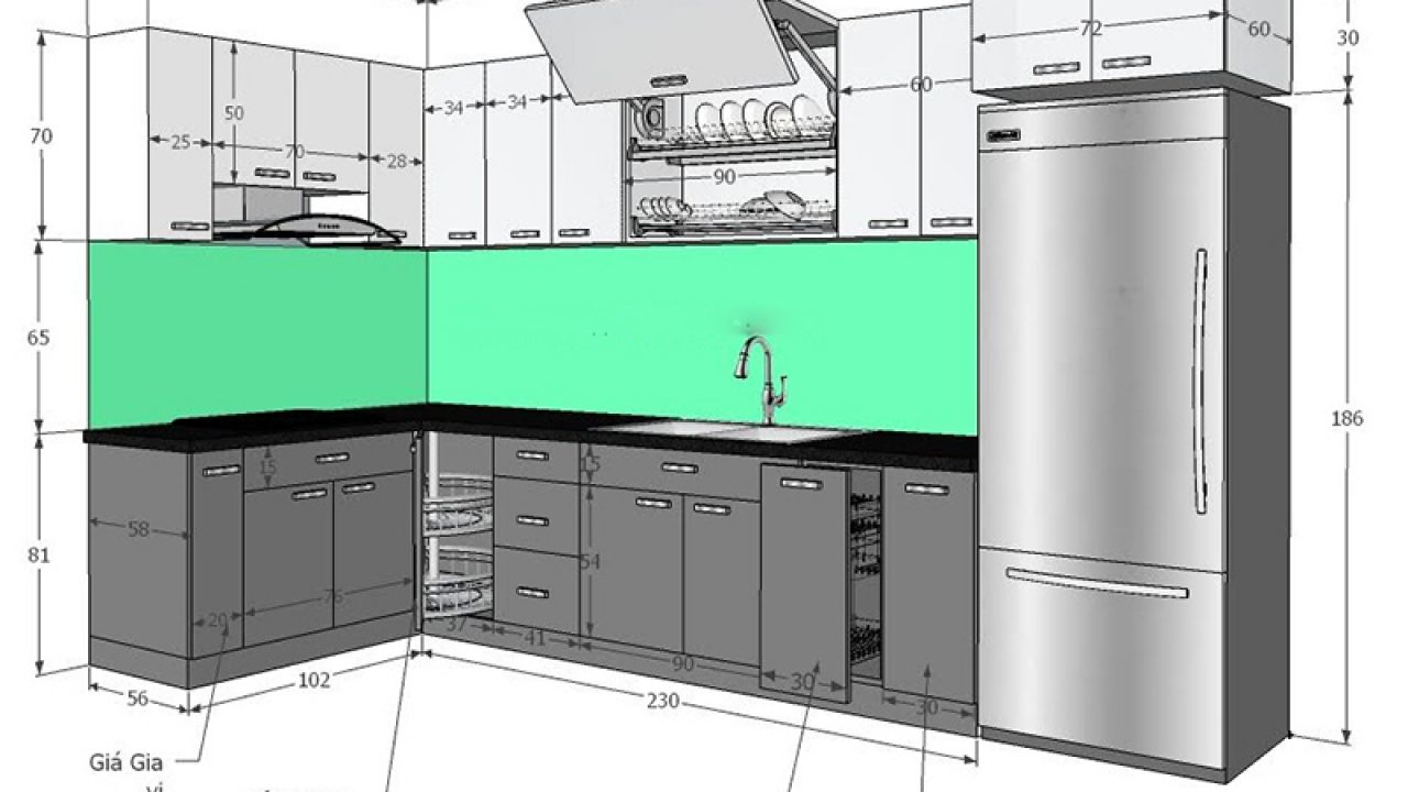 Kích thước tiêu chuẩn của tủ bếp inox cánh kính